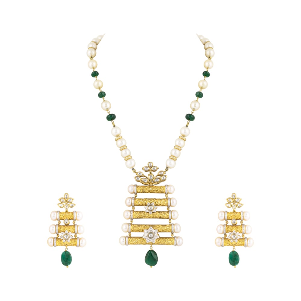 Floral Enamel Pendant Set with Pearls & Emerald Drops